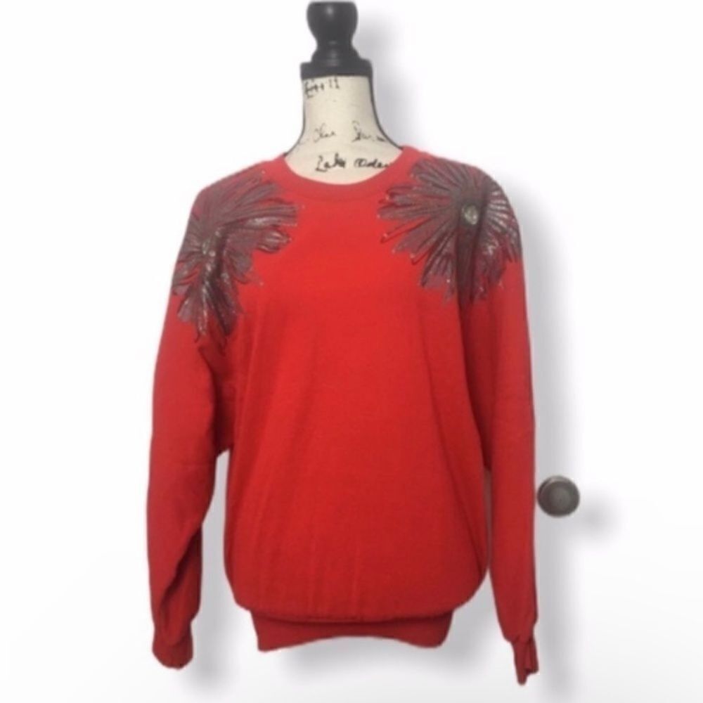 Suzy Phillips Vintage Red Embellished Sweater Size L Crewneck Pullover